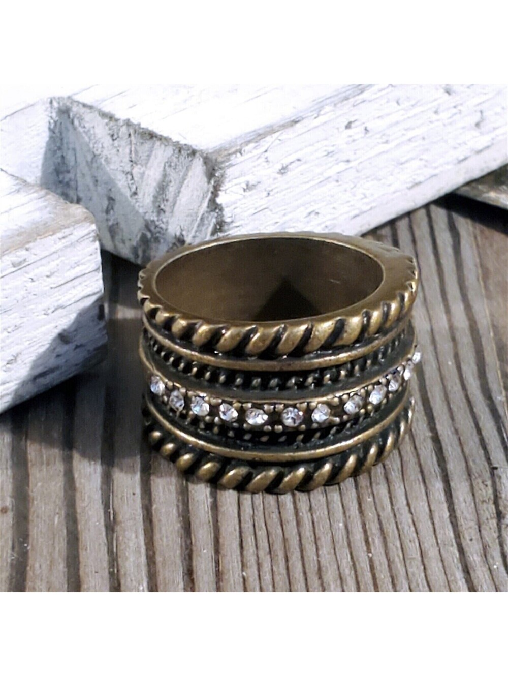 Art Deco Austrian Crystal Geometric Carved Antiqued Bronze Metal Ring US Size 8